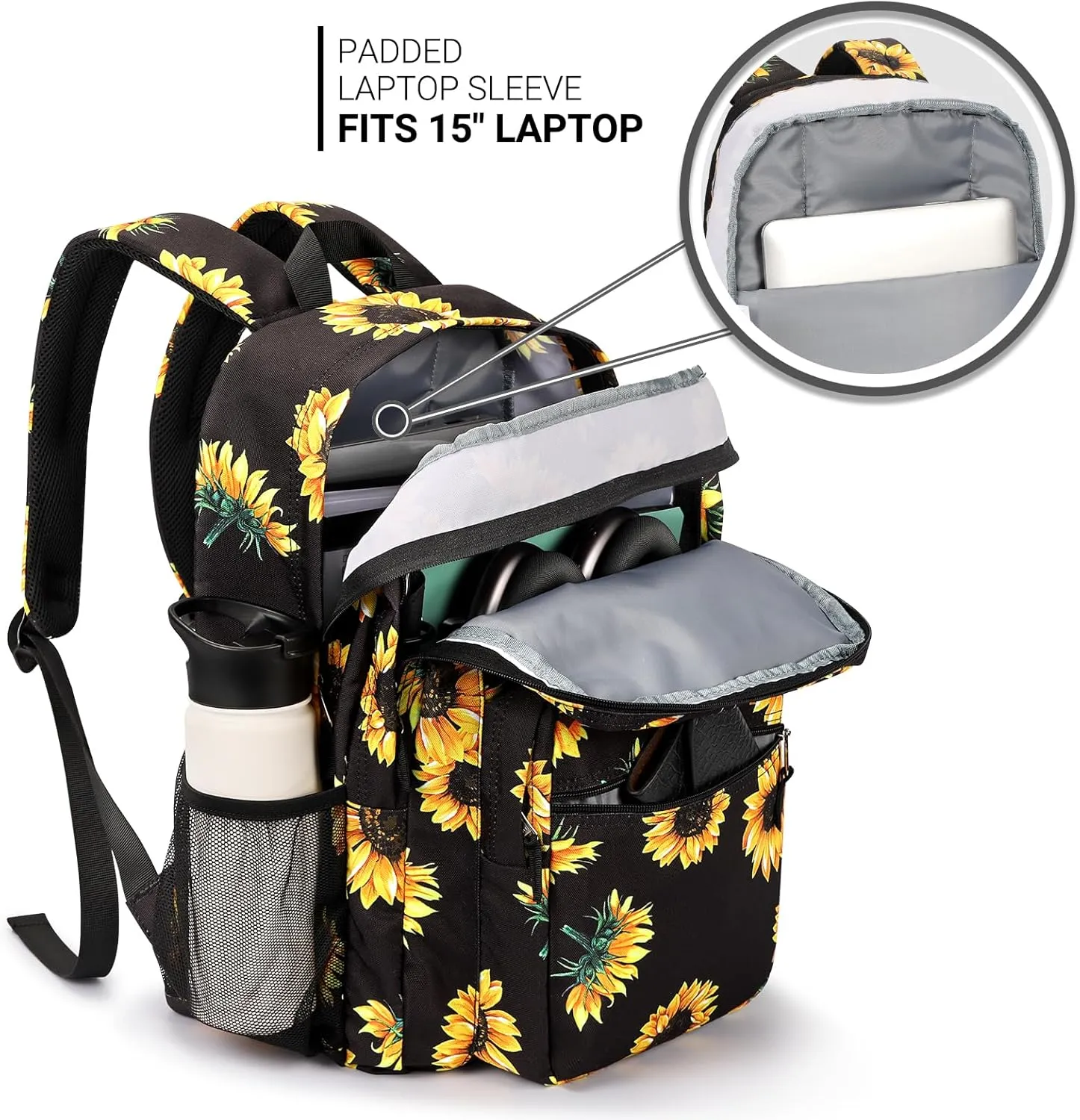 ZORFIN 26L Backpack for School, College, and Travel: Water Resistant Bookbag with 8 Compartments - Sunflower