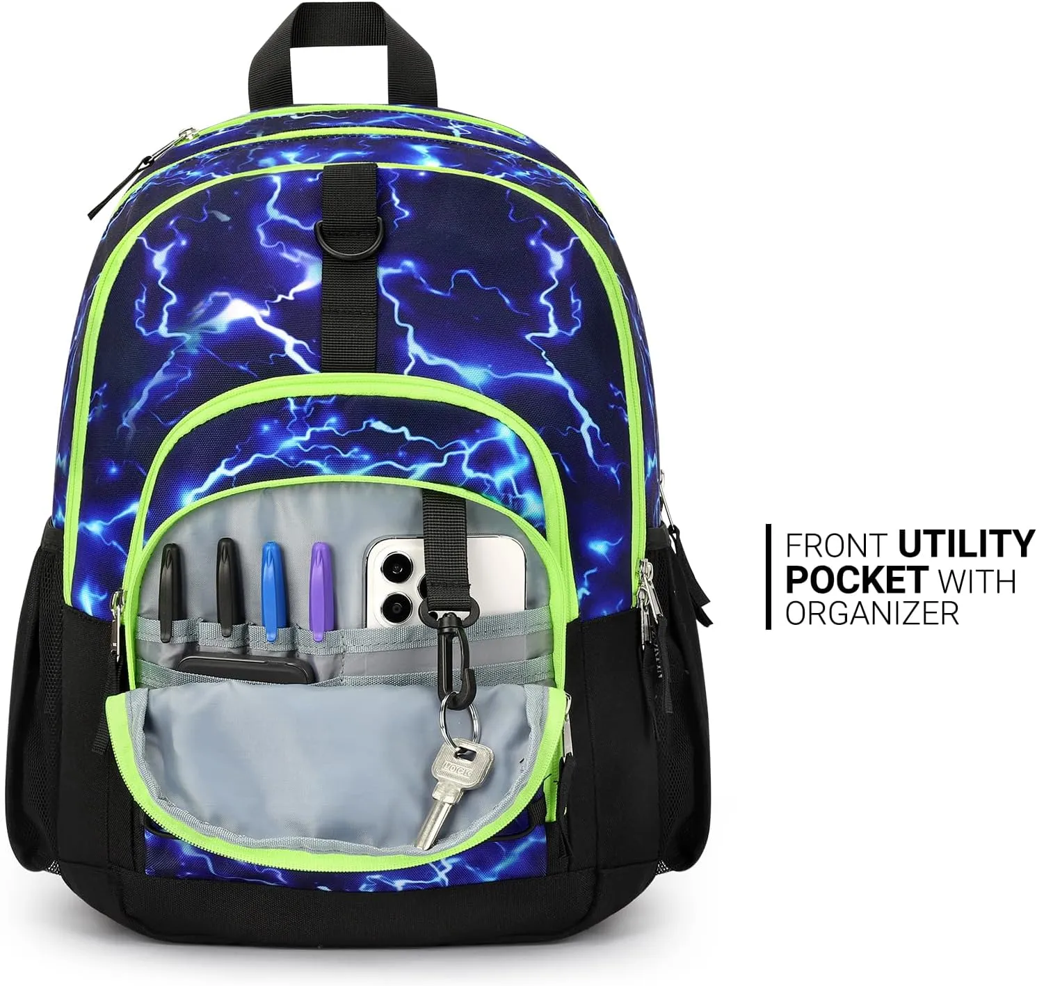 ZORFIN Backpack for School, Travel: Bookbag for Girls Boys - Kids Backpack with Multi Compartments - Blue Lightning