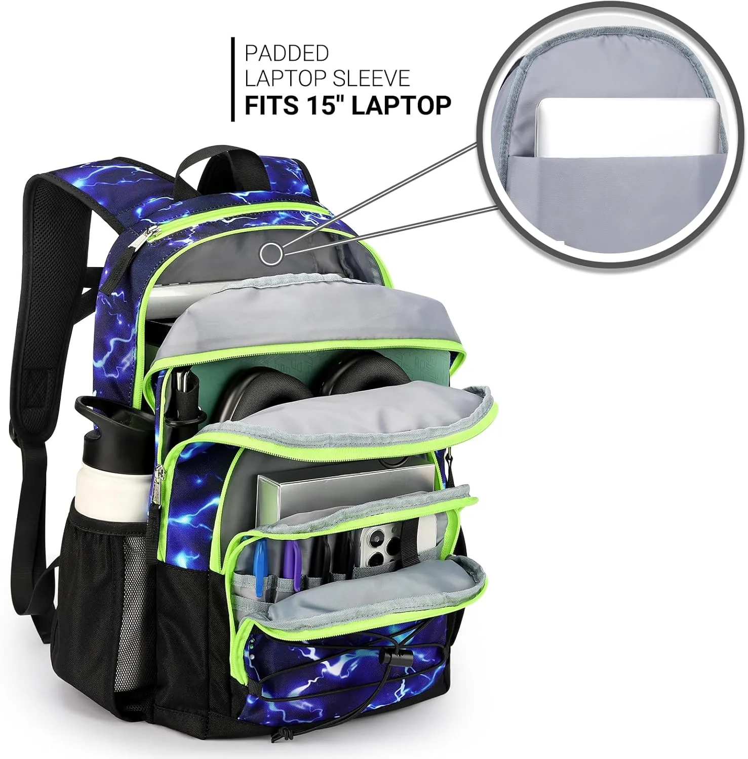 ZORFIN Backpack for School, Travel: Bookbag for Girls Boys - Kids Backpack with Multi Compartments - Blue Lightning